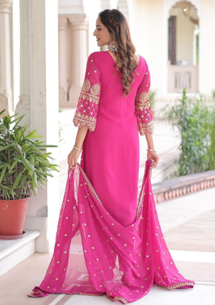 Stunning Pink Faux Blooming Kurti Suit With Embroidered Work