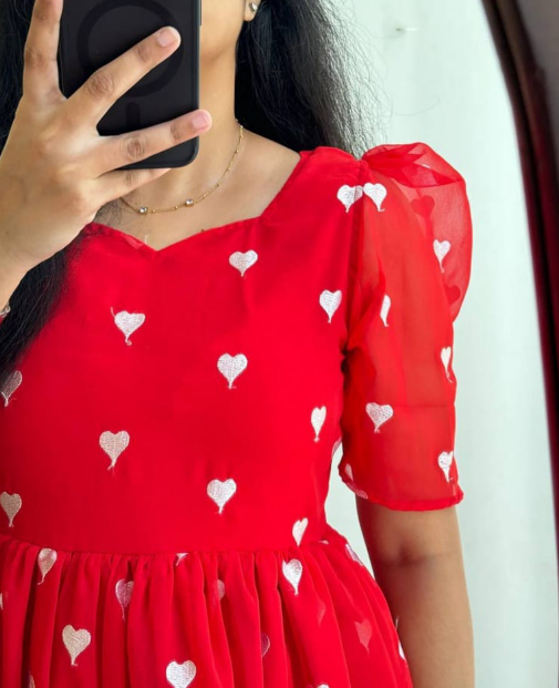 Sofy Red Georgette Frock With Puffy Sleeves