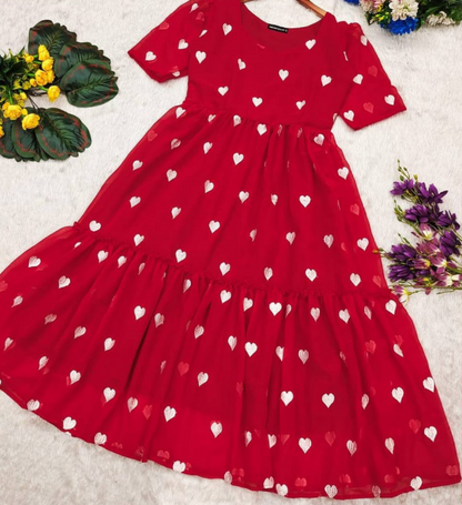 Sofy Red Georgette Frock With Puffy Sleeves