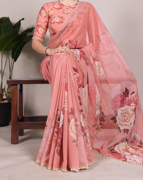 Classy Georgette Saree With Floral Print &amp; Pearl Lace Border