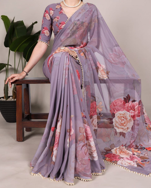 Trendy Georgette Floral Printed Saree With Pearl Lace Border