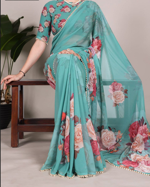 Trendy Georgette Floral Printed Saree With Pearl Lace Border