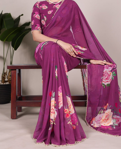 Classy Georgette Saree With Floral Print &amp; Pearl Lace Border