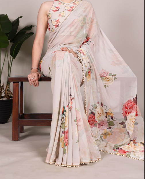 Classy Georgette Saree With Floral Print &amp; Pearl Lace Border