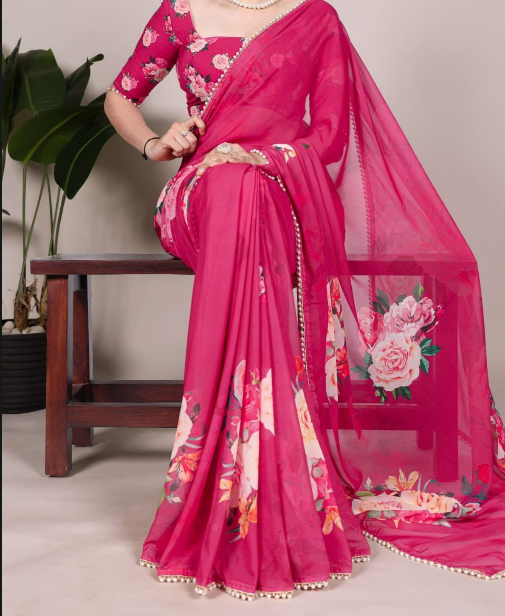 Trendy Georgette Floral Printed Saree With Pearl Lace Border