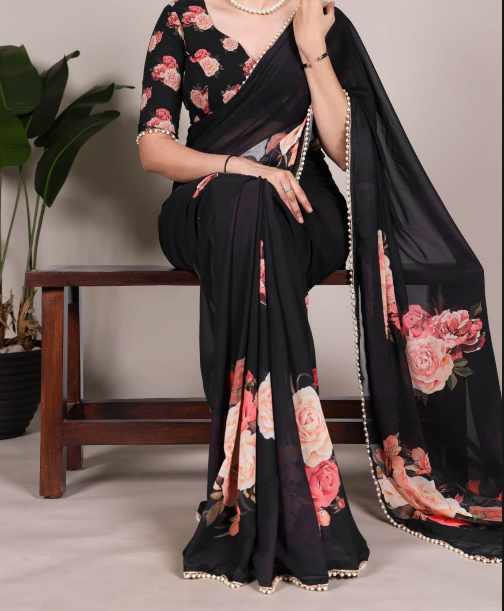 Classy Georgette Saree With Floral Print &amp; Pearl Lace Border