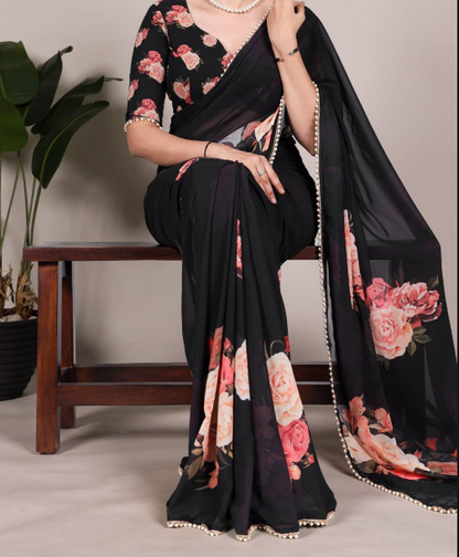 Classy Georgette Saree With Floral Print &amp; Pearl Lace Border