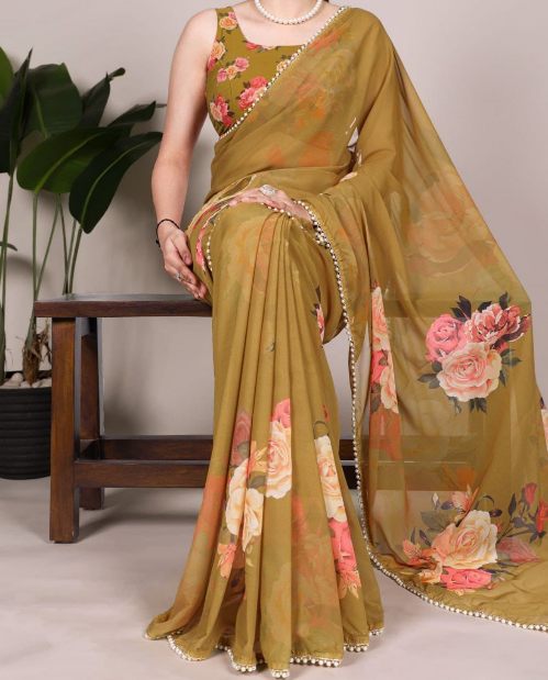 Classy Georgette Saree With Floral Print &amp; Pearl Lace Border