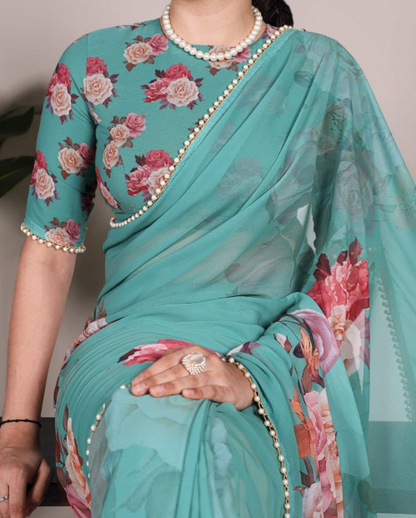 Trendy Georgette Floral Printed Saree With Pearl Lace Border