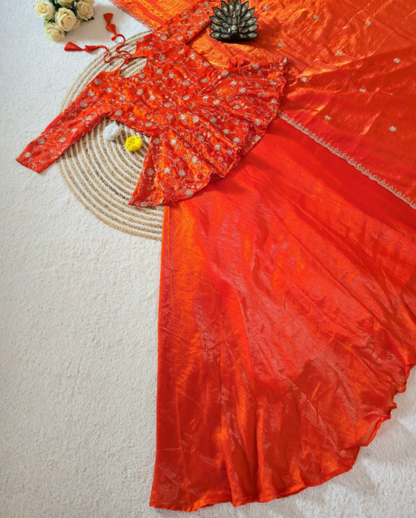 Outstanding Orange Peplum Lehenga Choli With Maggam Work