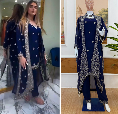 Stunning Navy Blue Kurti Set With White Embroidery Work