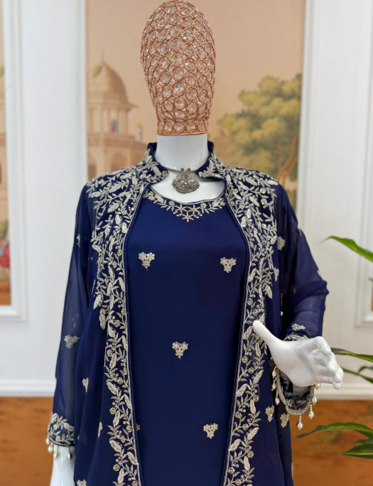 Stunning Navy Blue Kurti Set With White Embroidery Work