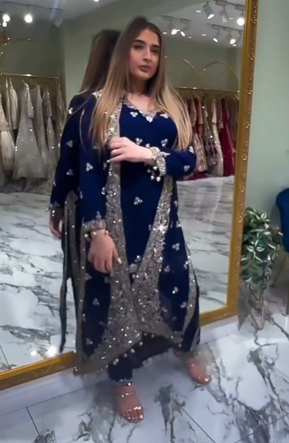 Stunning Navy Blue Kurti Set With White Embroidery Work