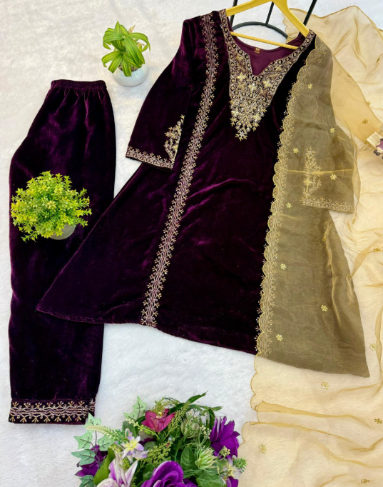 Maroon Velvet Kurti Set With Embroidery Work