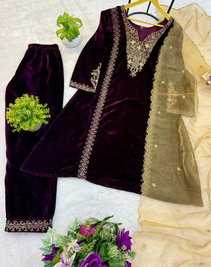 Maroon Velvet Kurti Set With Embroidery Work
