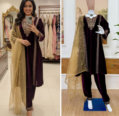 Maroon Velvet Kurti Set With Embroidery Work