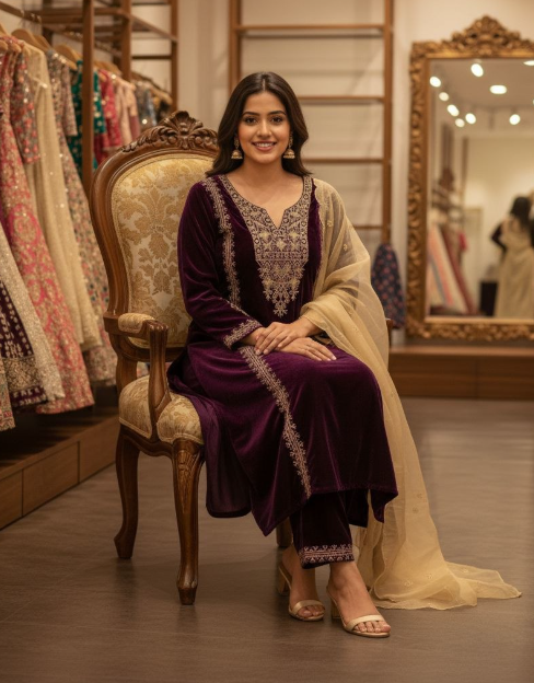 Maroon Velvet Kurti Set With Embroidery Work