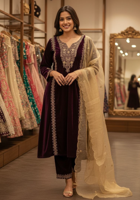 Maroon Velvet Kurti Set With Embroidery Work