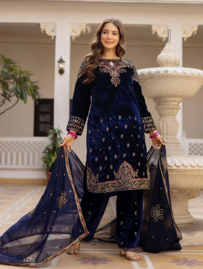 Navy Blue Velvet Kurti Set With Georgette Dupatta