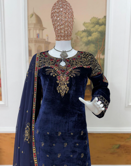 Navy Blue Velvet Kurti Set With Georgette Dupatta