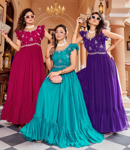 Georgette Embroidered Anarkali Gown With Ruffle Sleeves