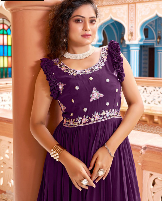 Faux Blooming Designer Anarkali Gown With Ruffle Sleeves