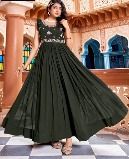 Faux Blooming Designer Anarkali Gown With Ruffle Sleeves