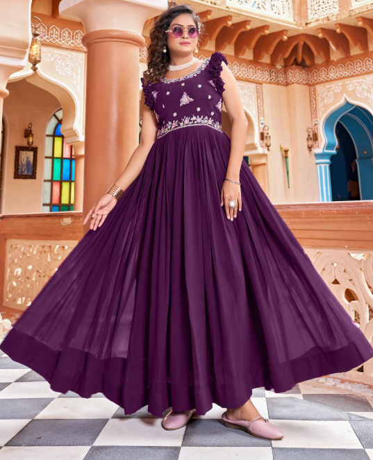 Faux Blooming Designer Anarkali Gown With Ruffle Sleeves
