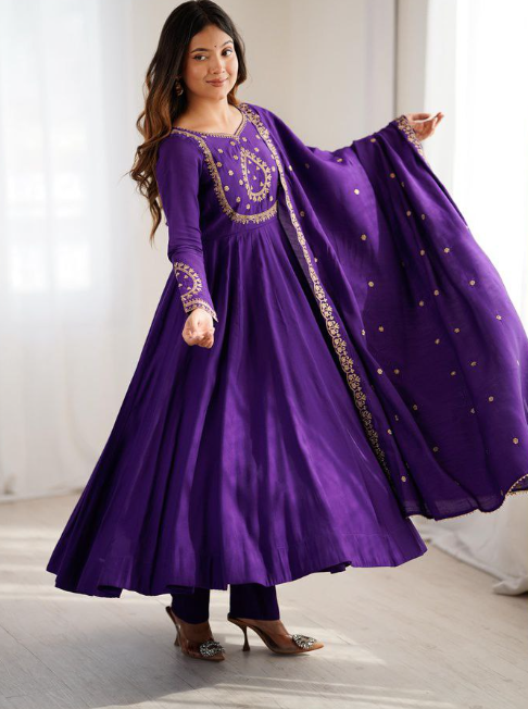 Purple Roman Silk Churidar With Fancy Work On Dupatta