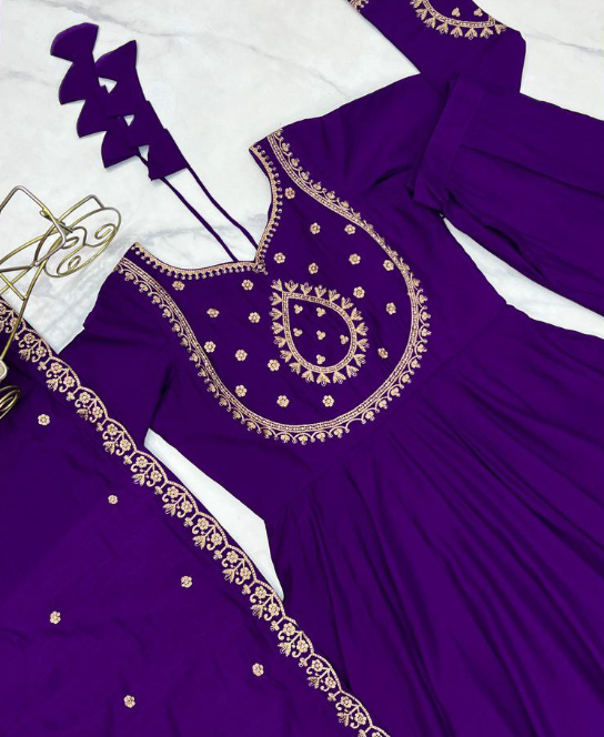 Purple Roman Silk Churidar With Fancy Work On Dupatta