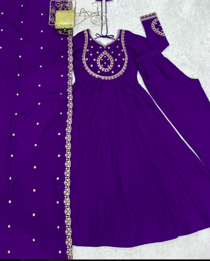 Purple Roman Silk Churidar With Fancy Work On Dupatta
