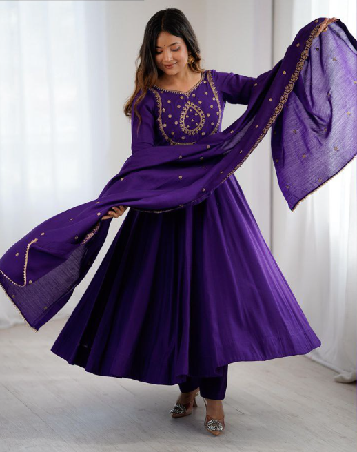 Purple Roman Silk Churidar With Fancy Work On Dupatta