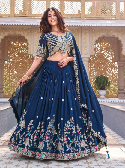 Glam Navy Blue Vichitra Silk Lehenga Choli With Sequins Embroidery