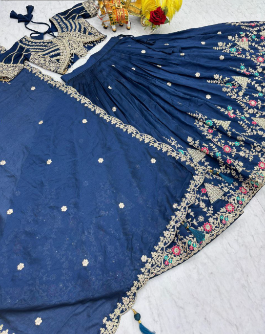 Glam Navy Blue Vichitra Silk Lehenga Choli With Sequins Embroidery