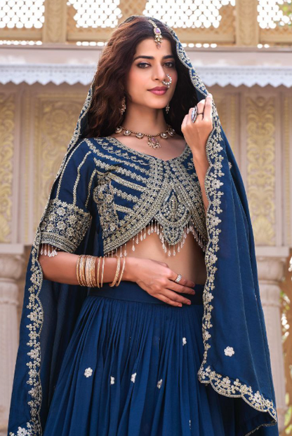 Glam Navy Blue Vichitra Silk Lehenga Choli With Sequins Embroidery
