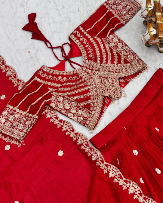 Gorgeous Red Vichitra Silk Lehenga Choli With Sequins Embroidery