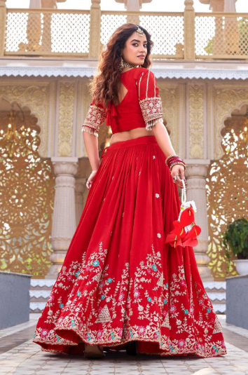 Gorgeous Red Vichitra Silk Lehenga Choli With Sequins Embroidery