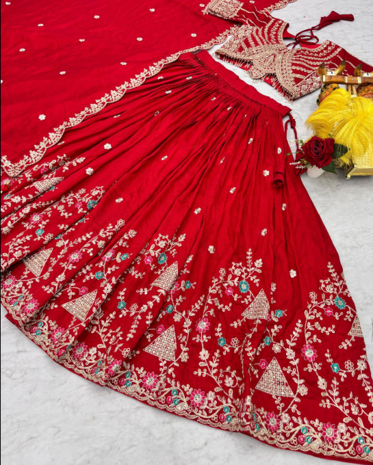 Gorgeous Red Vichitra Silk Lehenga Choli With Sequins Embroidery