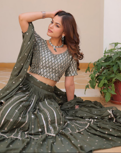 Glam Mehendi Green Georgette Embroidered Lehenga Choli