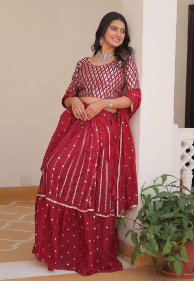 Premium Red Georgette Sequins Lehenga Choli