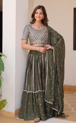 Glam Mehendi Green Georgette Embroidered Lehenga Choli