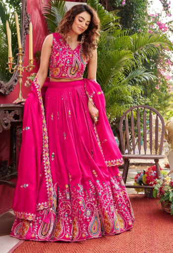 Fabulous Pink Vichitra Silk Sequins Embroidered Lehenga Choli