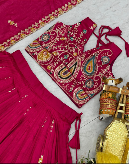 Fabulous Pink Vichitra Silk Sequins Embroidered Lehenga Choli