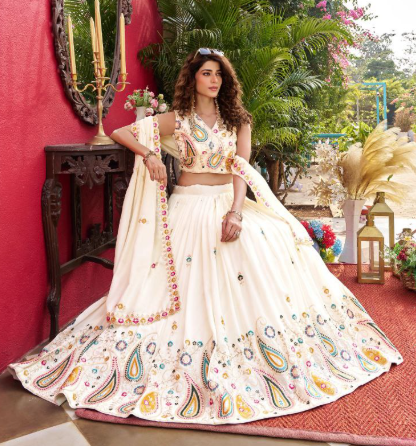 Classy White Vichitra Silk Sequins Embroidered Lehenga Choli