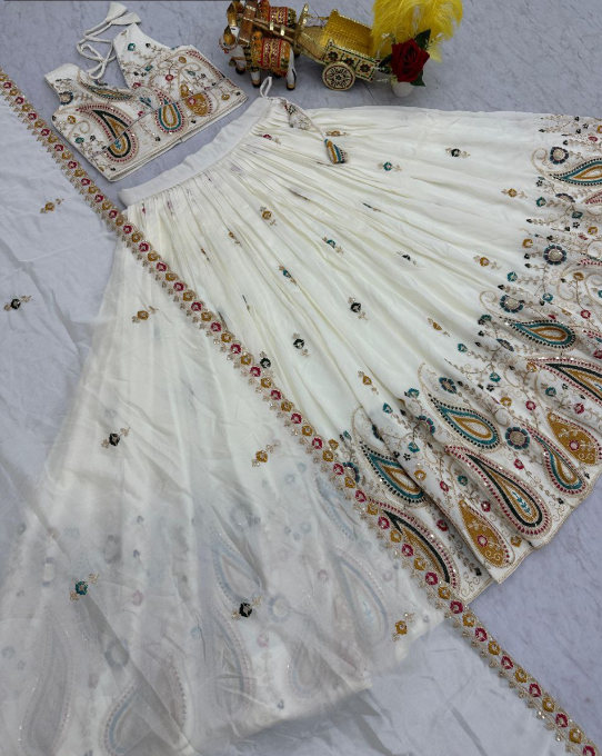Classy White Vichitra Silk Sequins Embroidered Lehenga Choli