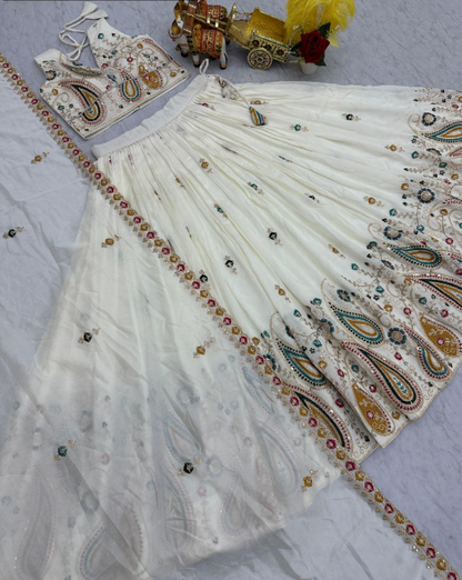 Classy White Vichitra Silk Sequins Embroidered Lehenga Choli