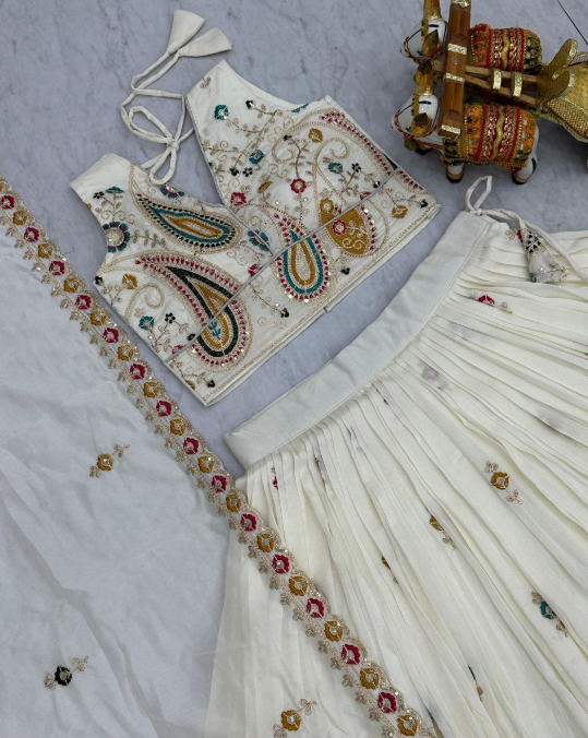 Classy White Vichitra Silk Sequins Embroidered Lehenga Choli