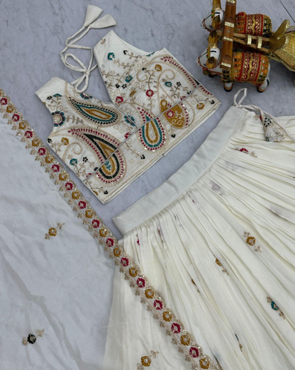 Classy White Vichitra Silk Sequins Embroidered Lehenga Choli