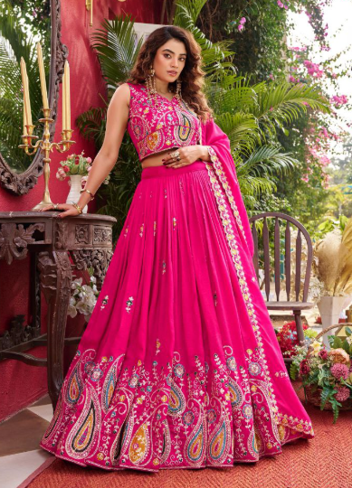 Fabulous Pink Vichitra Silk Sequins Embroidered Lehenga Choli