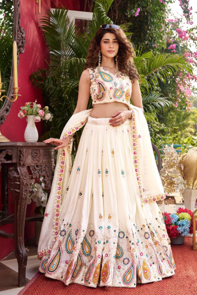 Classy White Vichitra Silk Sequins Embroidered Lehenga Choli